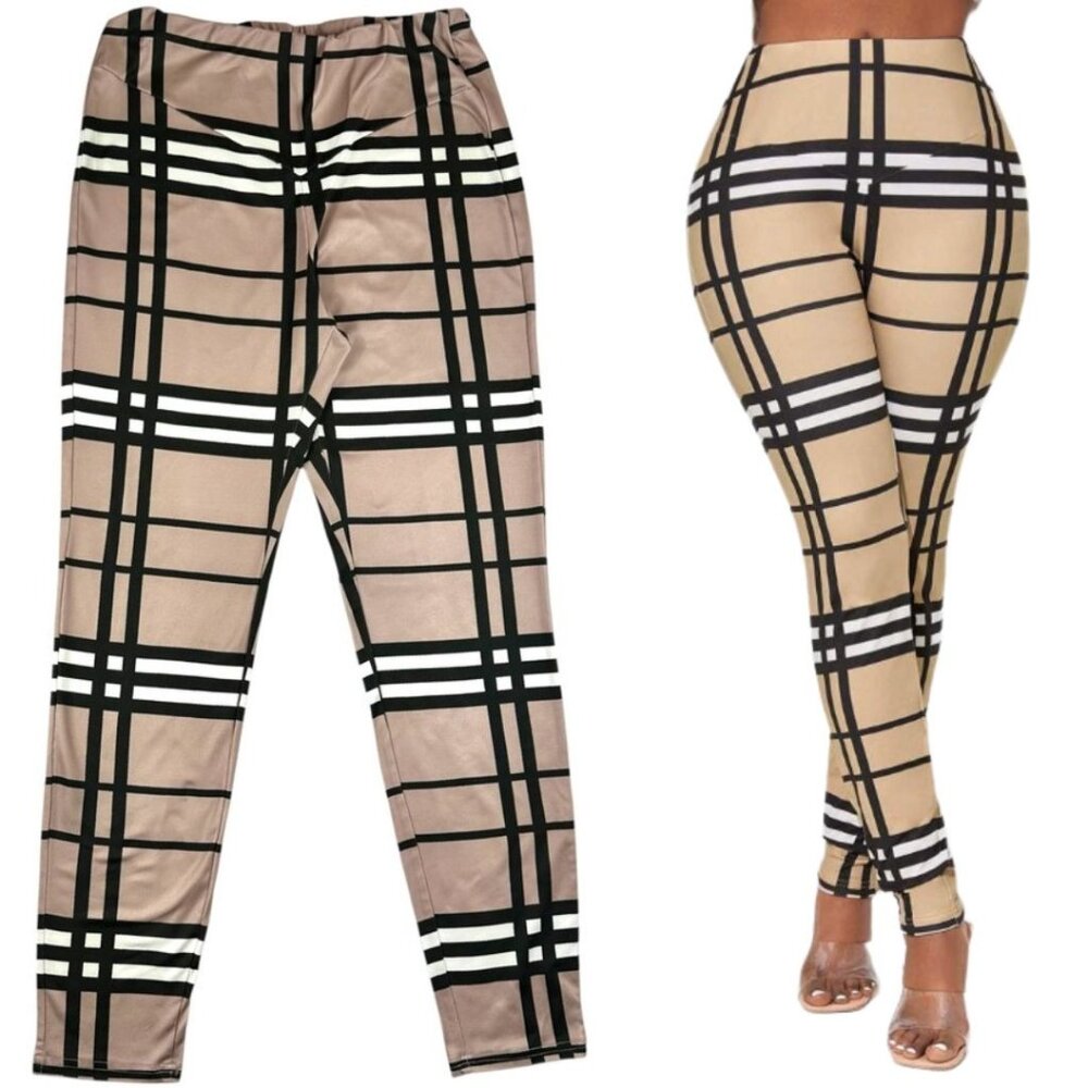 Shein Womens Plaid Print Leggings Beige & Black EU Size L 40/42 US 8/10